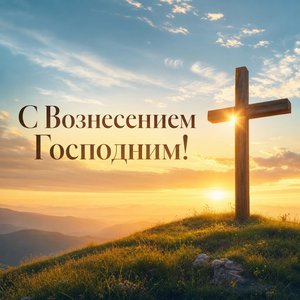Открытка на Вознесение Господне с деревянным крестом на рассветном холме