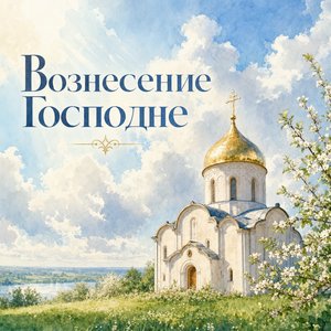 Открытка на Вознесение Господне с православным храмом и весенним небом