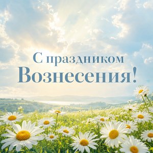 Открытка на Вознесение Господне с ромашковым полем и солнечными лучами