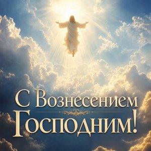 Открытка на Вознесение Господне с силуэтом Христа в сияющих облаках