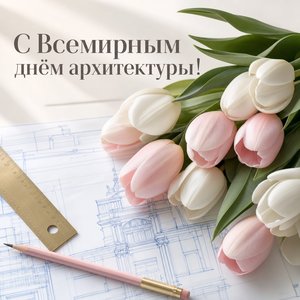 Открытка на Всемирный день архитектуры с чертежом и тюльпанами