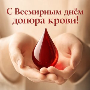 Открытка на Всемирный день донора крови с каплей крови в ладонях