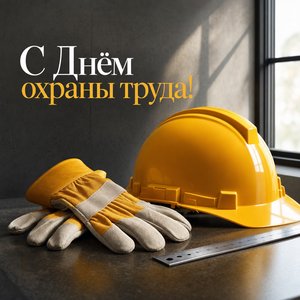 Открытка на Всемирный день охраны труда с защитной каской и перчатками