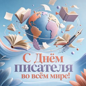 Открытка на Всемирный день писателя с глобусом и книгами