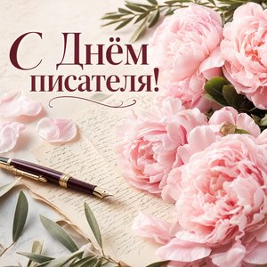 Открытка на Всемирный день писателя с пионами и рукописью