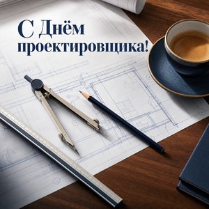 Открытка на Всероссийский день проектировщика с чертежом и циркулем