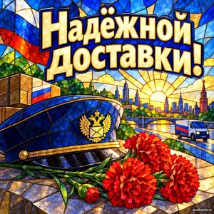 Открытка «Надёжной доставки!» с гвоздиками и фуражкой