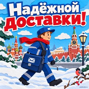 Открытка «Надёжной доставки!» с курьером и портфелем
