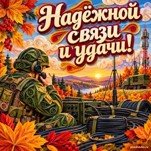 Открытка «Надёжной связи и удачи!» с аккуратно уложенными кабелями на фоне мягких осенних облаков