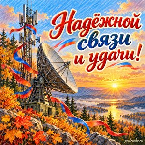 Открытка «Надёжной связи и удачи!» с антенной на фоне рассвета с нарядными праздничными лентами