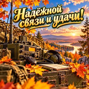 Открытка «Надёжной связи и удачи!» с радиостанцией и золотыми листьями на фоне мягких осенних облаков