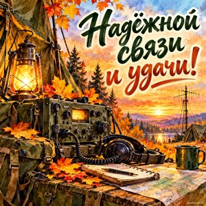 Открытка «Надёжной связи и удачи!» с радиостанцией и золотыми листьями в сиянии уютных фонариков