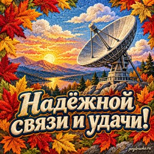 Открытка «Надёжной связи и удачи!» с спутниковой тарелкой и облаками в рамке из кленовых листьев