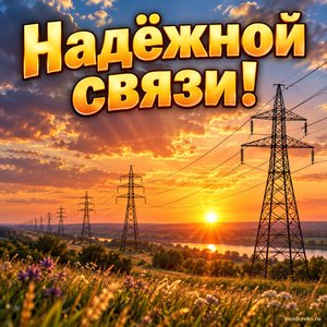 Открытка «Надёжной связи!» с ЛЭП на закате