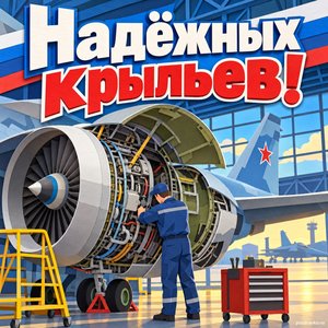 Открытка «Надёжных крыльев!» с двигателем в ангаре