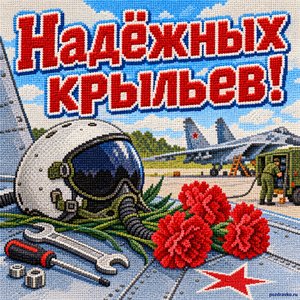 Открытка «Надёжных крыльев!» со шлемом и гвоздиками