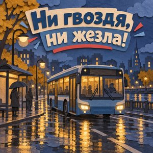 Открытка «Ни гвоздя, ни жезла!» с автобусом в городе
