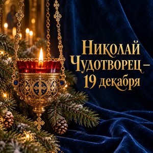 Открытка «Николай Чудотворец — 19 декабря» с лампадой и еловыми ветвями