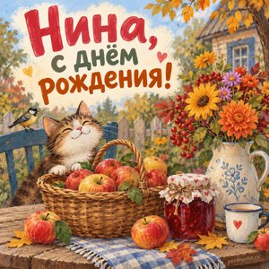 Открытка «Нина, с днём рождения!» Нине с яблоками и вареньем