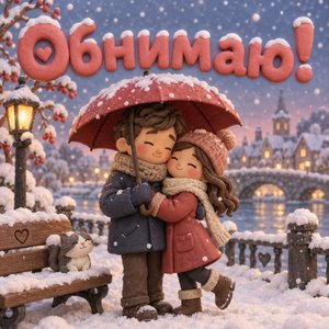 Открытка «Обнимаю!» с парой под зонтом