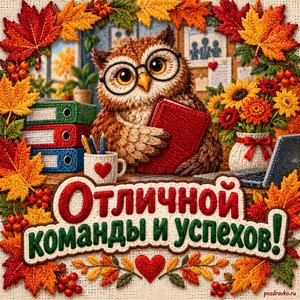 Открытка «Отличной команды и успехов!» с доброй совой в очках в рамке из кленовых листьев