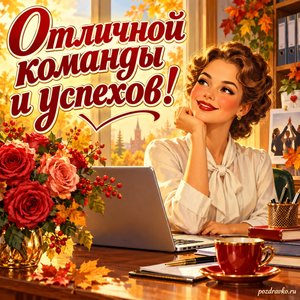 Открытка «Отличной команды и успехов!» с ноутбуком и розами при золотом солнечном свете