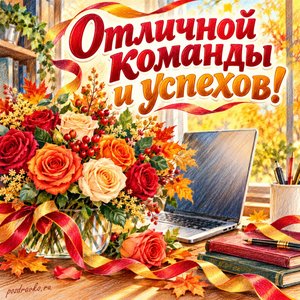 Открытка «Отличной команды и успехов!» с ноутбуком и розами с нарядными праздничными лентами
