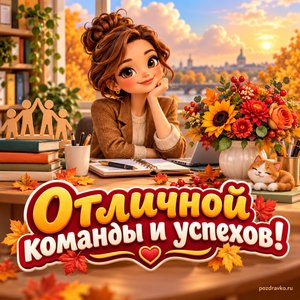 Открытка «Отличной команды и успехов!» с сотрудницей и букетом на столе на фоне мягких осенних облаков