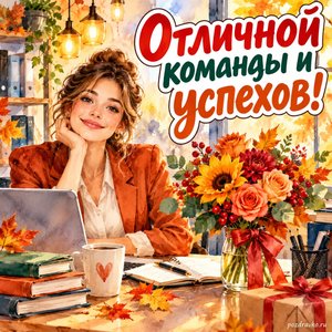 Открытка «Отличной команды и успехов!» с сотрудницей и букетом на столе в сиянии уютных фонариков