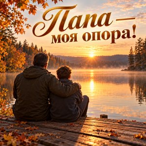 Открытка «Папа — моя опора!» с отцом и сыном у озера