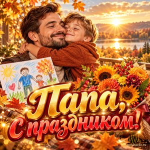 Открытка «Папа, с праздником!» с детским рисунком и цветами при золотом солнечном свете