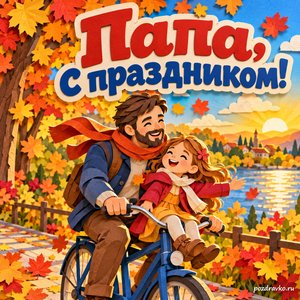 Открытка «Папа, с праздником!» с папой и дочкой на велосипеде при золотом солнечном свете