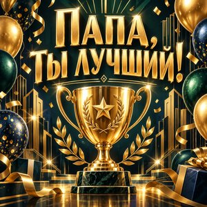 Открытка «Папа, ты лучший!» с кубком и шарами