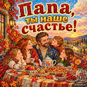 Открытка «Папа, ты наше счастье!» с семейным чаепитием на фоне мягких осенних облаков