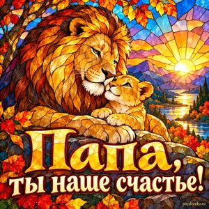 Открытка «Папа, ты наше счастье!» со львом и львёнком при золотом солнечном свете