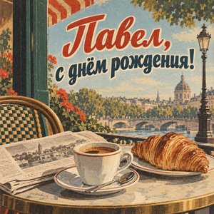 Открытка «Павел, с днём рождения!» Павлу с кофе на террасе