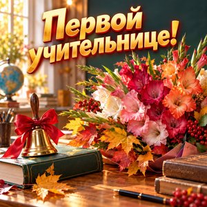Открытка «Первой учительнице!» с колокольчиком и букварём