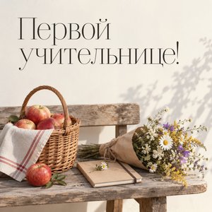 Открытка «Первой учительнице!» с корзиной яблок