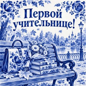 Открытка «Первой учительнице!» со скамейкой в осеннем парке