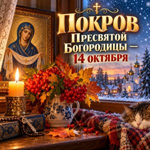 Открытка «Покров Пресвятой Богородицы — 14 октября» со свечой и рябиной у окна