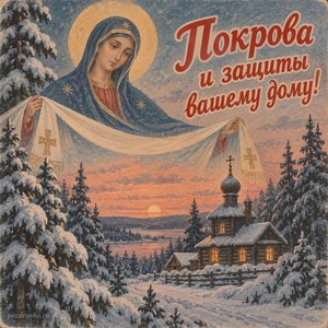 Открытка «Покрова и защиты вашему дому!» с церковью в еловом лесу