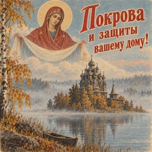 Открытка «Покрова и защиты вашему дому!» с деревянным храмом на острове
