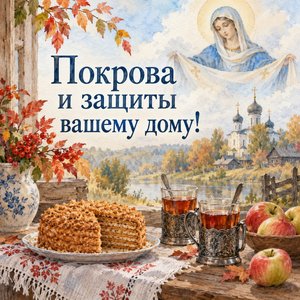 Открытка «Покрова и защиты вашему дому!» с медовиком и чаем