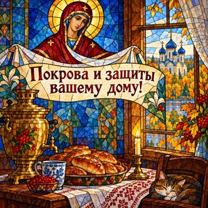Открытка «Покрова и защиты вашему дому!» с пирогами и самоваром