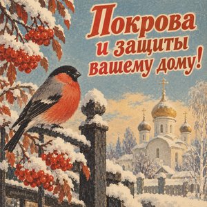 Открытка «Покрова и защиты вашему дому!» со снегирём у храма