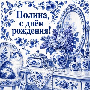 Открытка «Полина, с днём рождения!» Полине с сиренью и шкатулкой