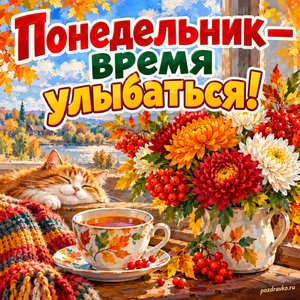Открытка «Понедельник — время улыбаться!» с хризантемами и рябиной
