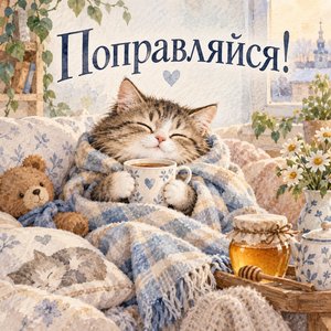 Открытка «Поправляйся!» с котом под пледом
