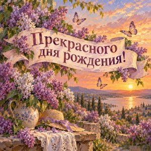Открытка «Прекрасного дня рождения!» с сиреневым полем