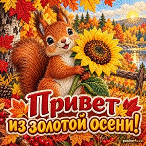 Открытка «Привет из золотой осени!» с белкой и подсолнухом
